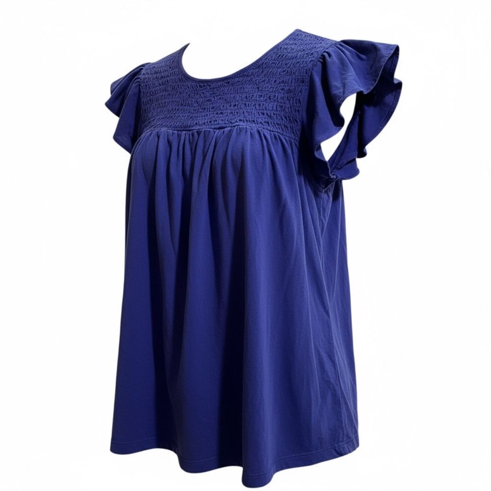 Banana republic blue smocked ruffle blouse crewneck modest top modal blend L